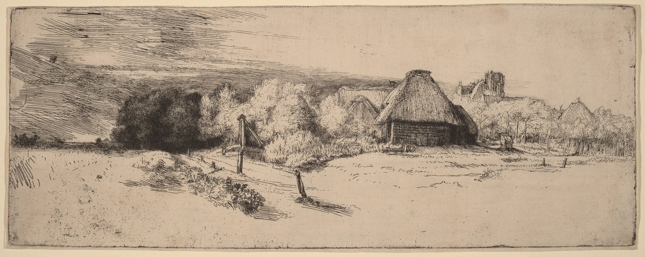 Landskap med trær, gårdsbygninger og et tårn av Rembrandt van Rijn