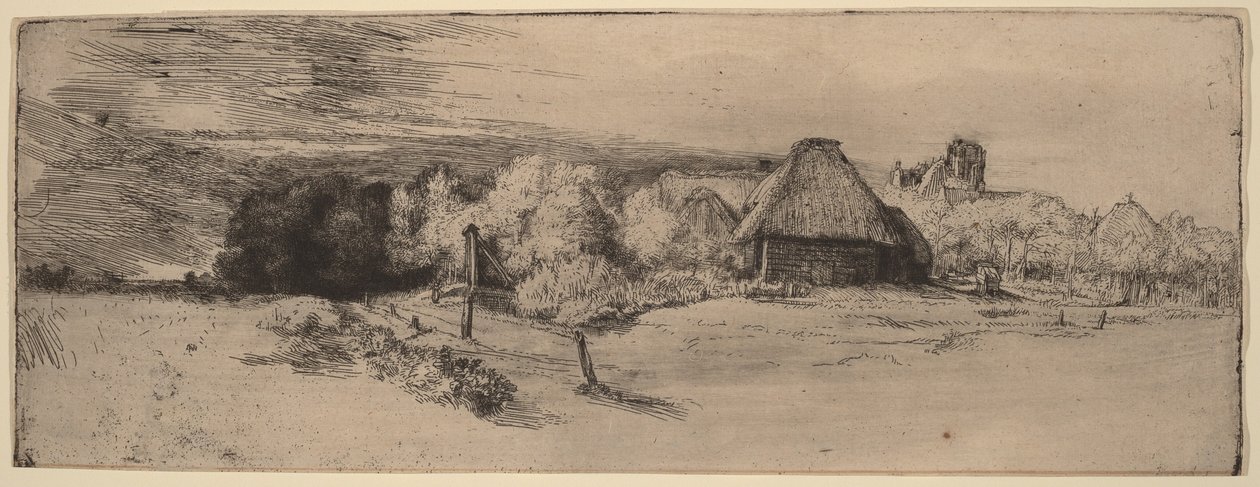 Landskap med trær, gårdsbygninger og et tårn av Rembrandt van Rijn