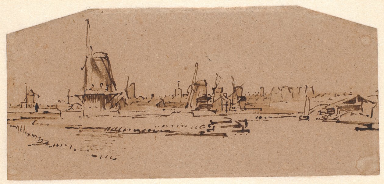 Landskap med vindmøller på en kanal vest for Amsterdam av Rembrandt van Rijn