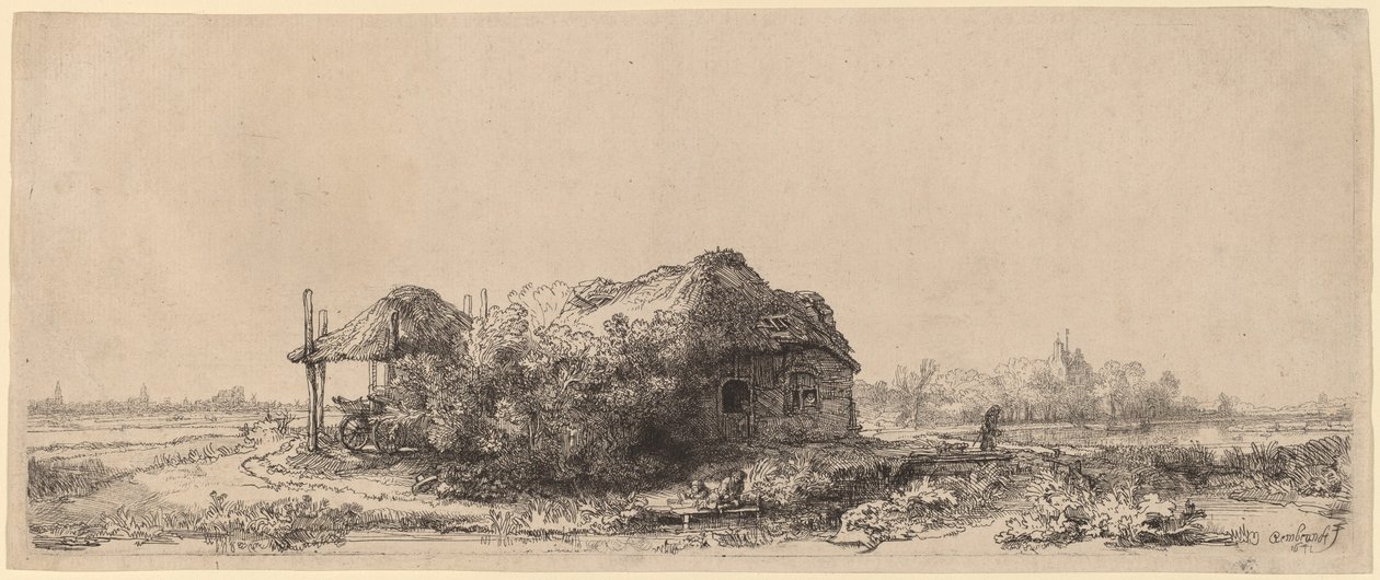 Landskap med hytte og høylåve: Avlang av Rembrandt van Rijn