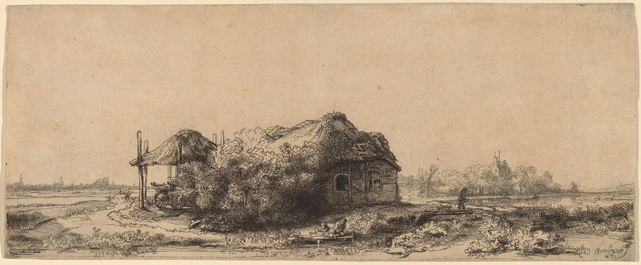 Landskap med hytte og høylåve: Avlang av Rembrandt van Rijn