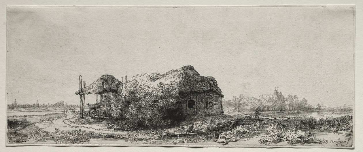 Landskap med hytte og høylåve: Avlang av Rembrandt van Rijn