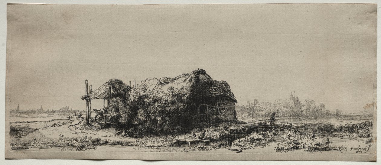 Landskap med hytte og høylåve: Avlang av Rembrandt van Rijn