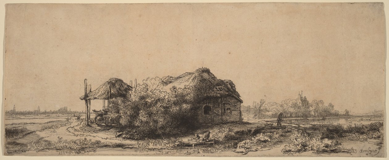 Landskap med hytte og høylåve: Avlang av Rembrandt van Rijn