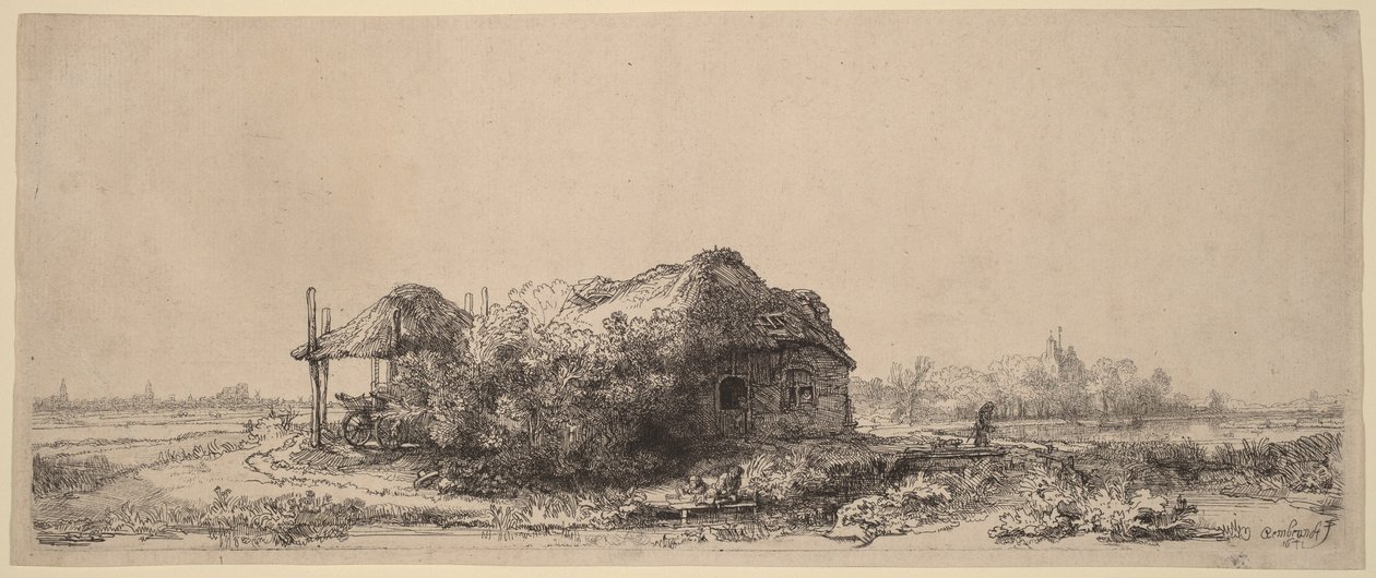 Landskap med hytte og høylåve: Avlang av Rembrandt van Rijn