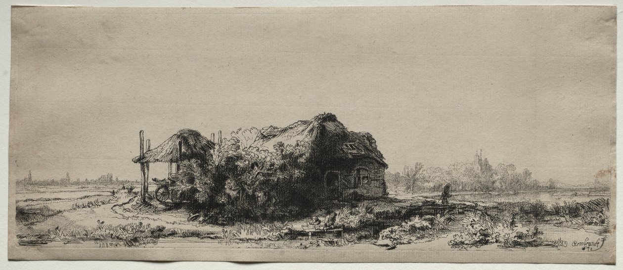 Landskap med hytte og høylåve: Avlang, 1641. av Rembrandt van Rijn