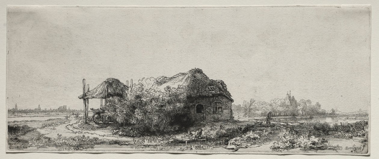 Landskap med hytte og høylåve: Avlang, 1641. av Rembrandt van Rijn