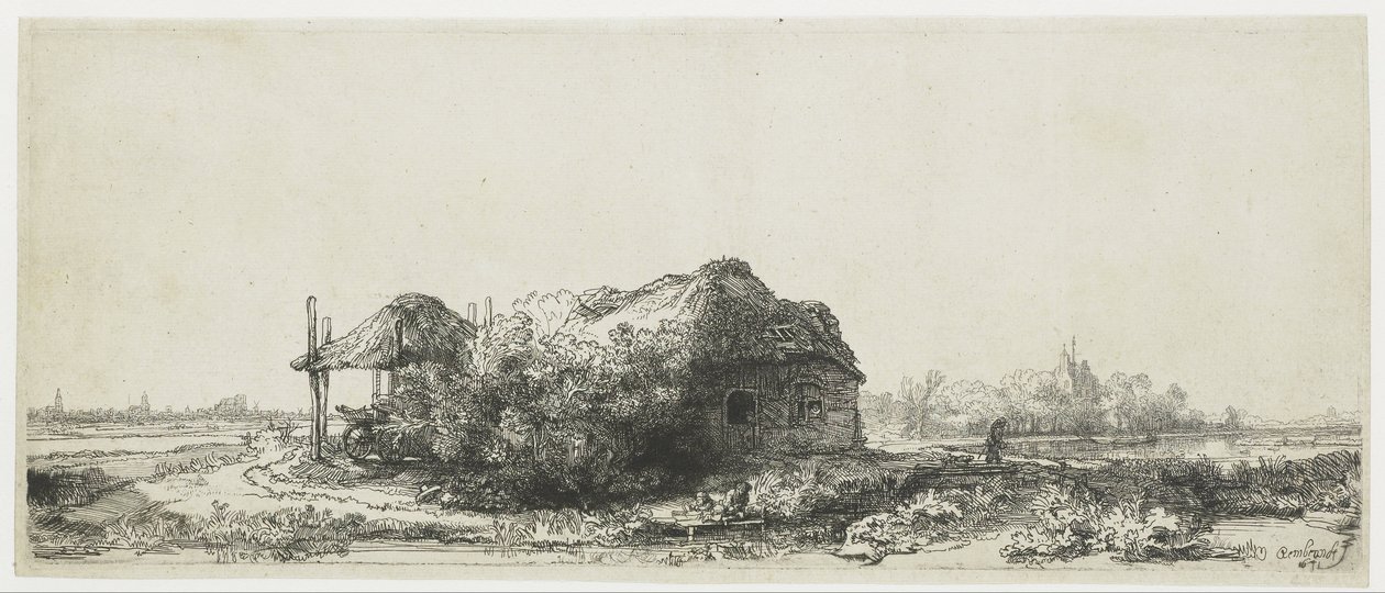 Landskap med hytte og høylåve Landskap med hytter og høyfjøs: avlang av Rembrandt van Rijn