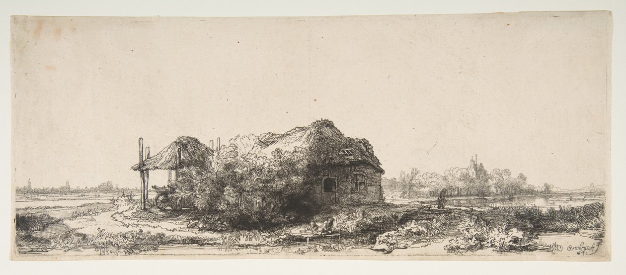 Landskap med en hytte og en Haybarn, 1641. av Rembrandt van Rijn
