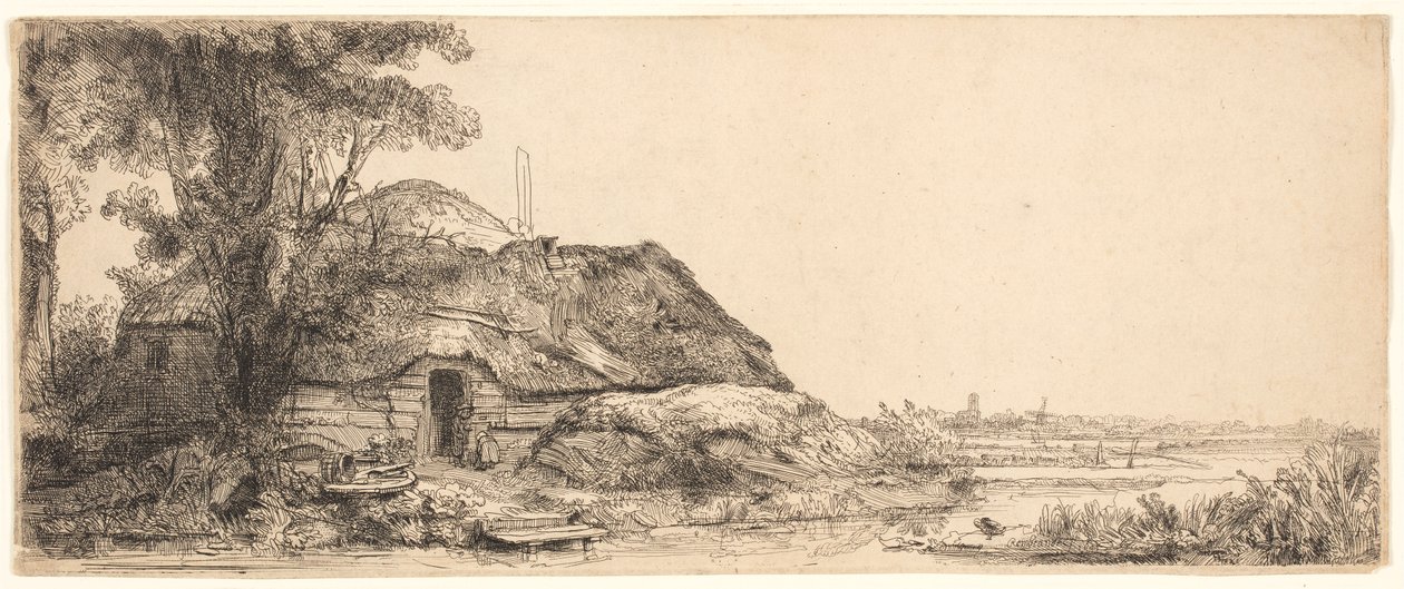 Landskap med en hytte og et stort tre av Rembrandt van Rijn