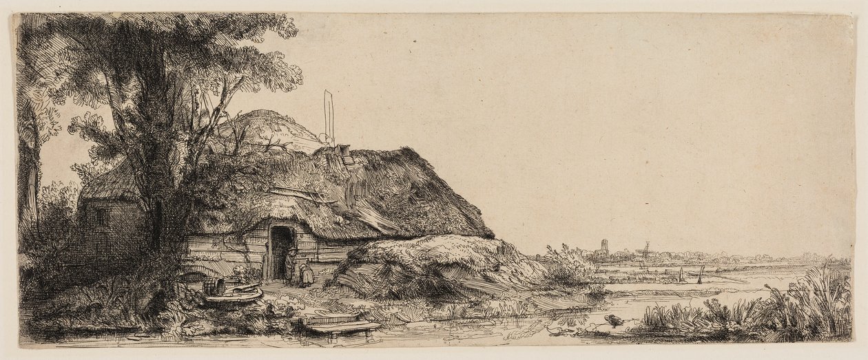 Landskap med en hytte og et stort tre av Rembrandt van Rijn
