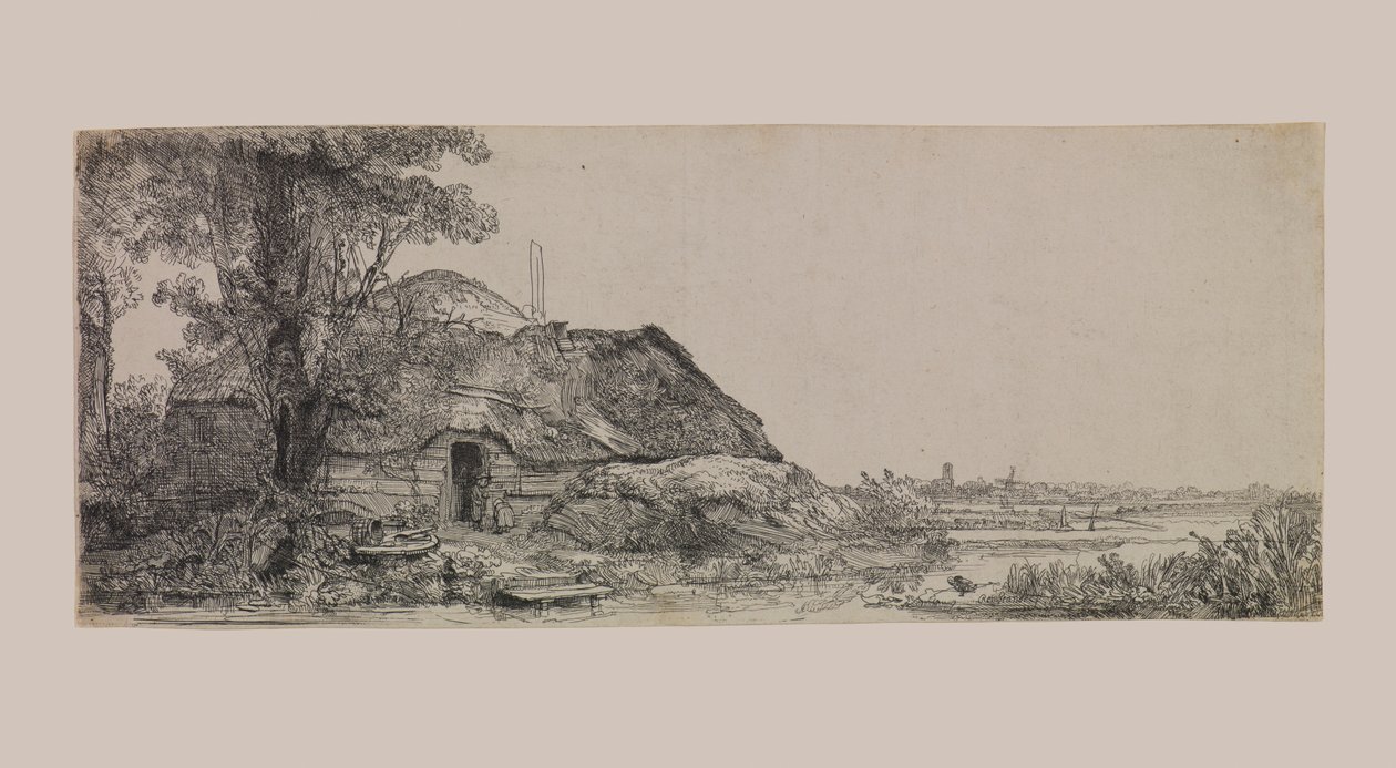 Landskap med en hytte og et stort tre av Rembrandt van Rijn