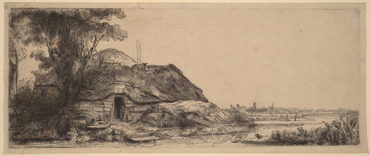 Landskap med en hytte og et stort tre av Rembrandt van Rijn
