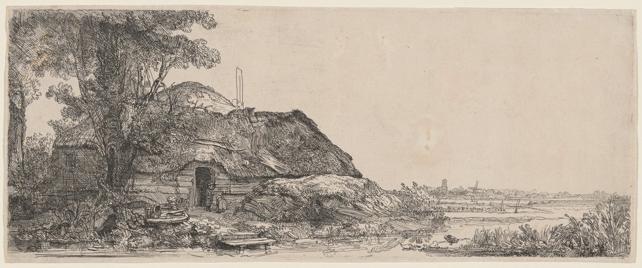 Landskap med en hytte og et stort tre av Rembrandt van Rijn