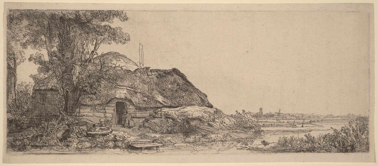 Landskap med en hytte og et stort tre av Rembrandt van Rijn