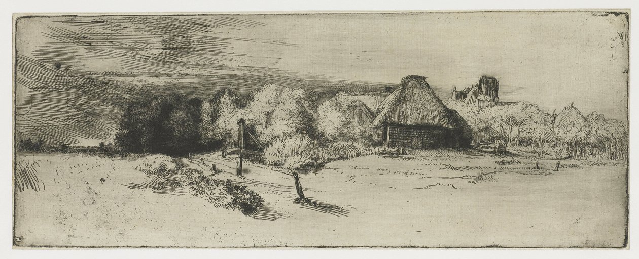 Landskap med en gårdsbygning og huset med tårnet Landskap med en gårdsbygning og 