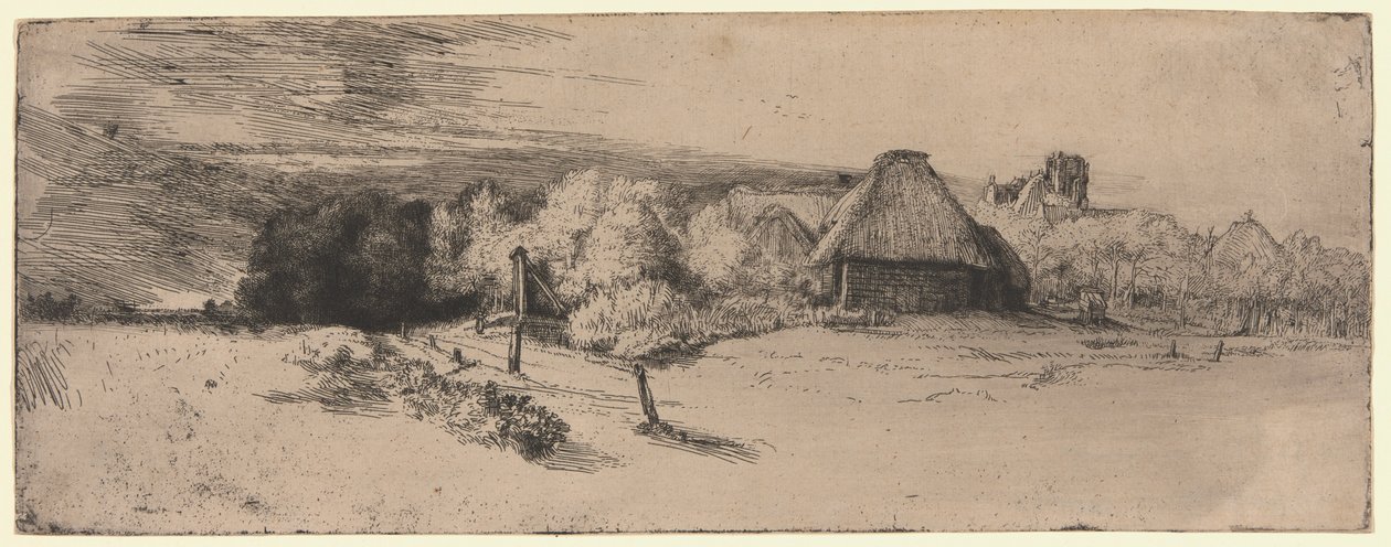 Landskap med en gårdsbygning og "Huset med tårnet" av Rembrandt van Rijn