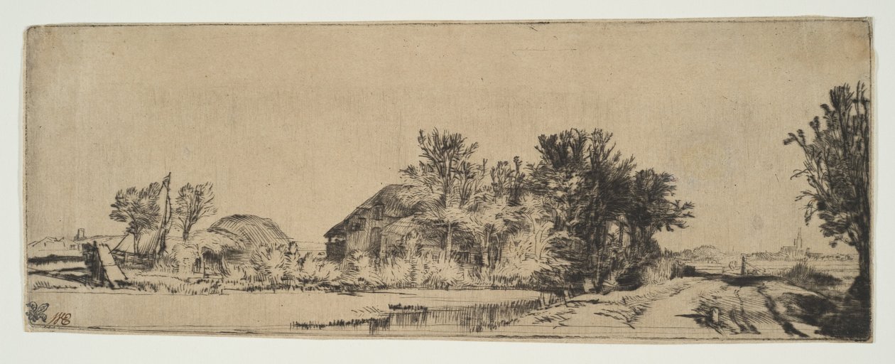 Landskap med et gårdshus langs en vei ved siden av en kanal, ca. 1652. av Rembrandt van Rijn
