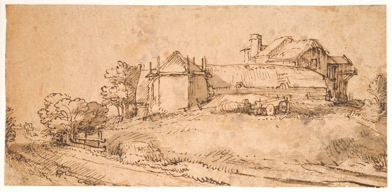 Landskap med et våningshus og en høylåve av Rembrandt van Rijn