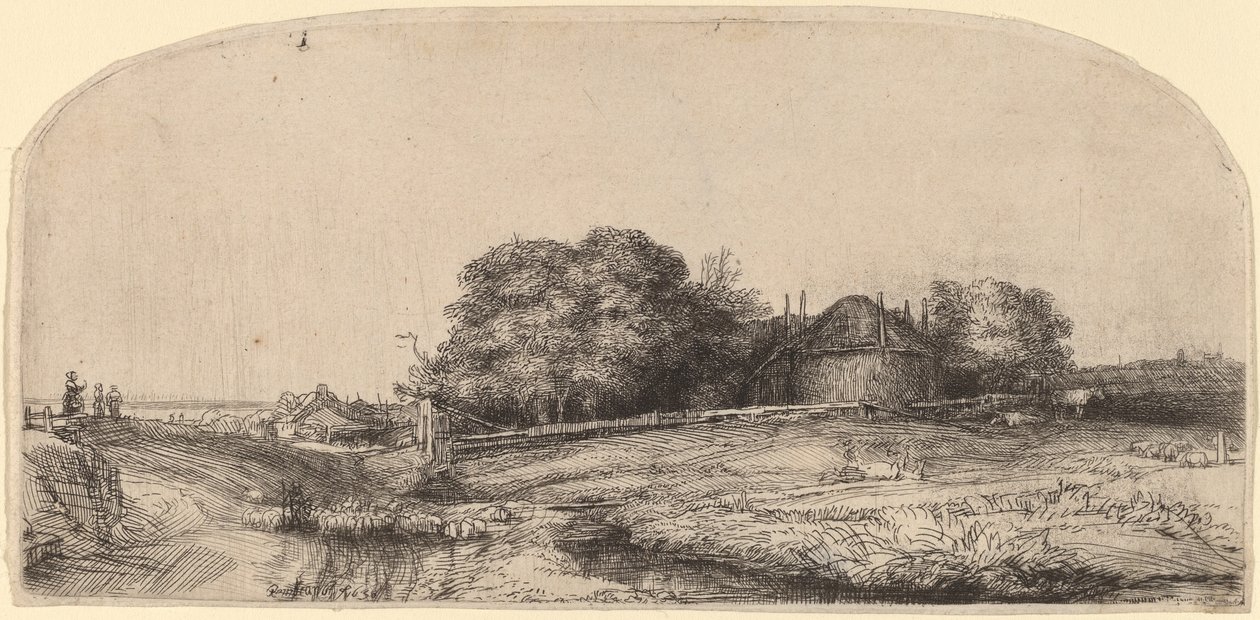 Landskap med en høyfjøs og en saueflokk av Rembrandt van Rijn
