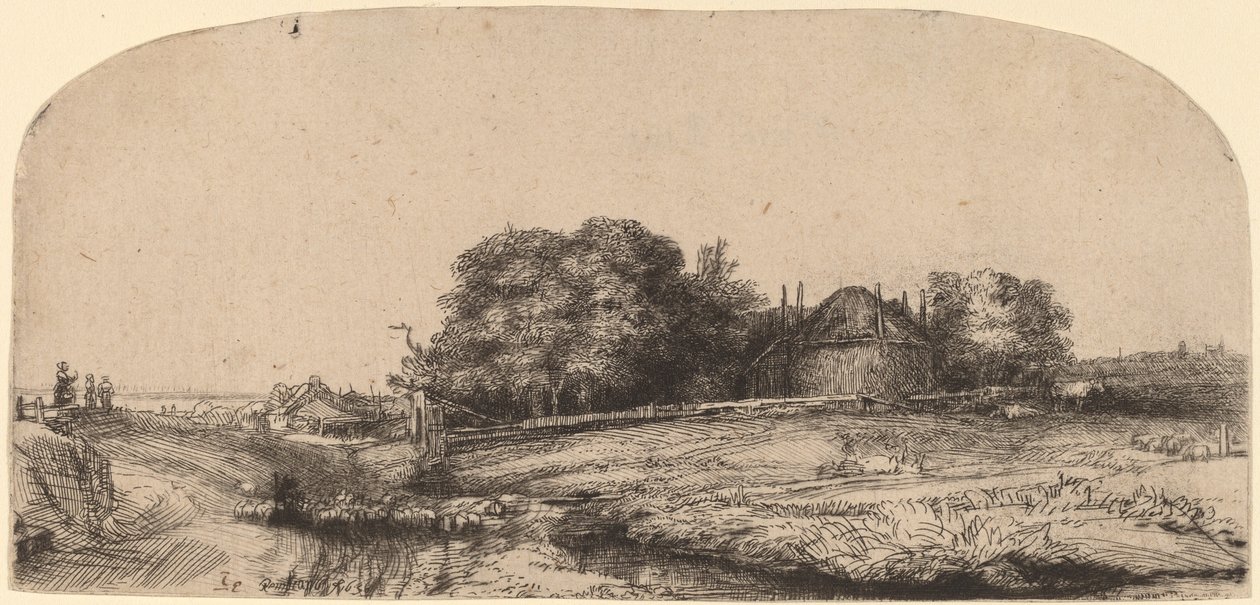 Landskap med en høyfjøs og en saueflokk av Rembrandt van Rijn