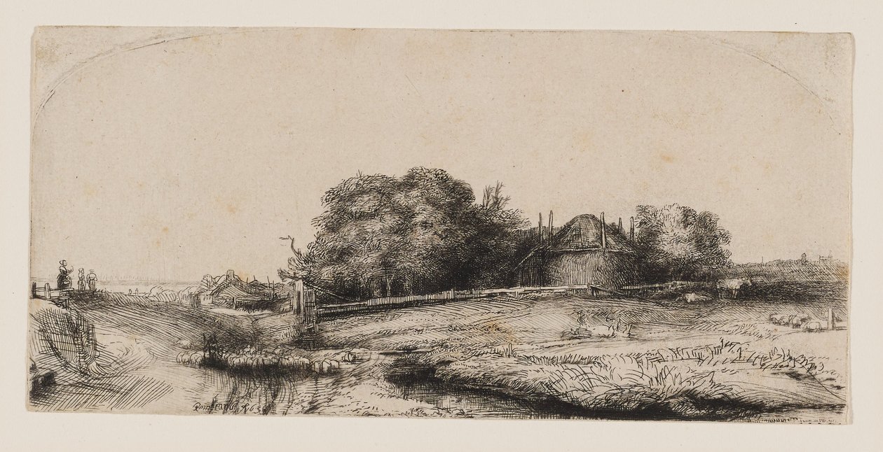 Landskap med en høylåve og en sauflokk av Rembrandt van Rijn
