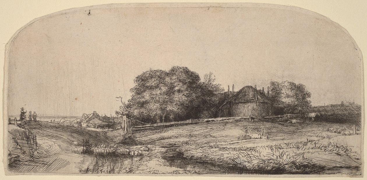 Landskap med en høylåve og en sauflokk av Rembrandt van Rijn