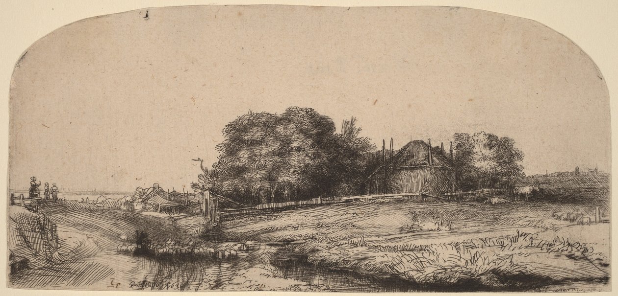 Landskap med en høylåve og en sauflokk av Rembrandt van Rijn
