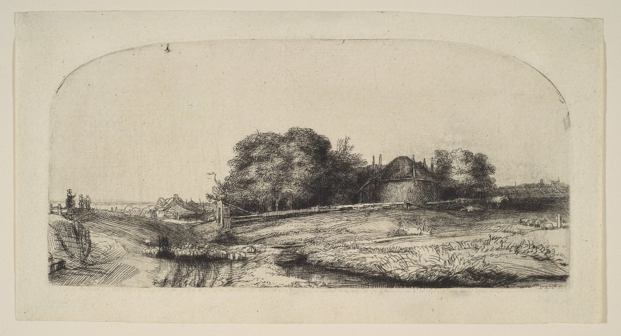 Landskap med en høyfjøs og en saueflokk, 1652. av Rembrandt van Rijn