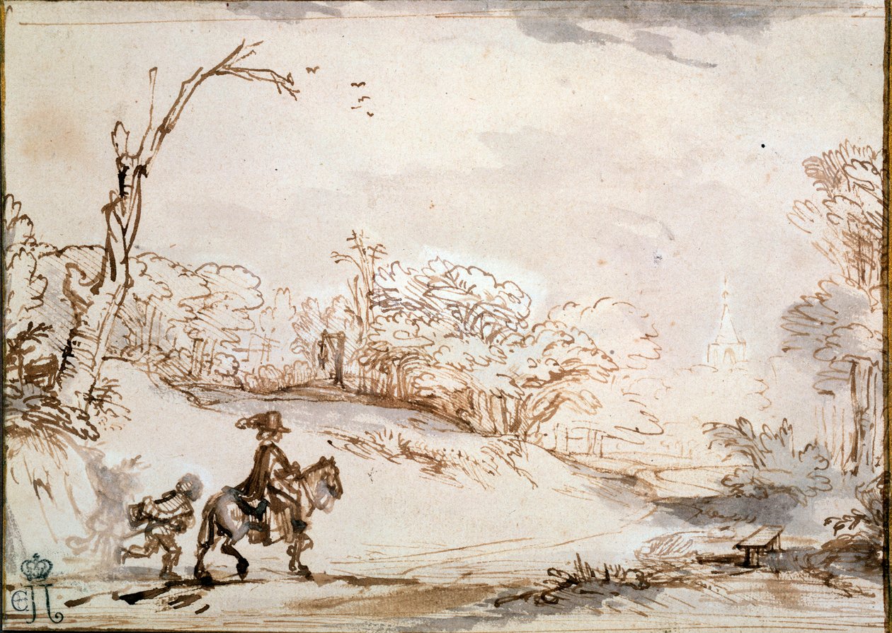 Landscape with a Horseman, 1648-1650.   av Rembrandt van Rijn