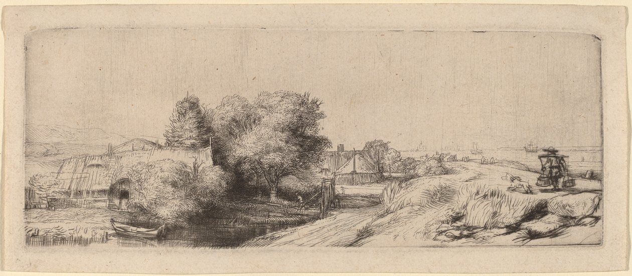 Landskap med en melkemann av Rembrandt van Rijn