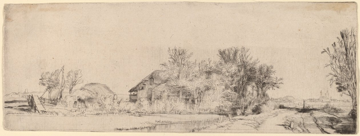 Landskap med en vei ved siden av en kanal av Rembrandt van Rijn
