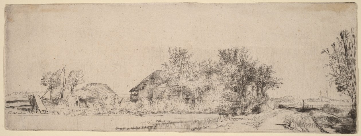 Landskap med en vei langs en kanal av Rembrandt van Rijn