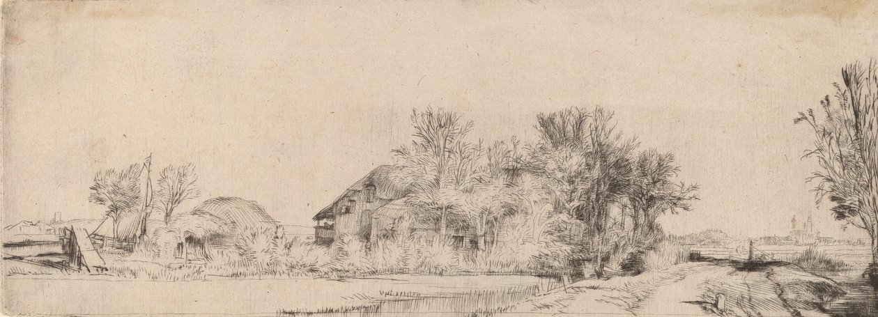 Landskap med en vei ved siden av en kanal, ca. 1652. av Rembrandt van Rijn