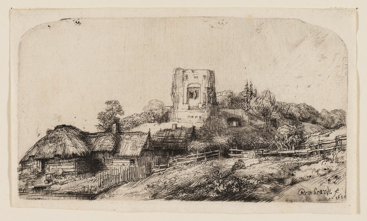 Landskap med et firkantet tårn av Rembrandt van Rijn