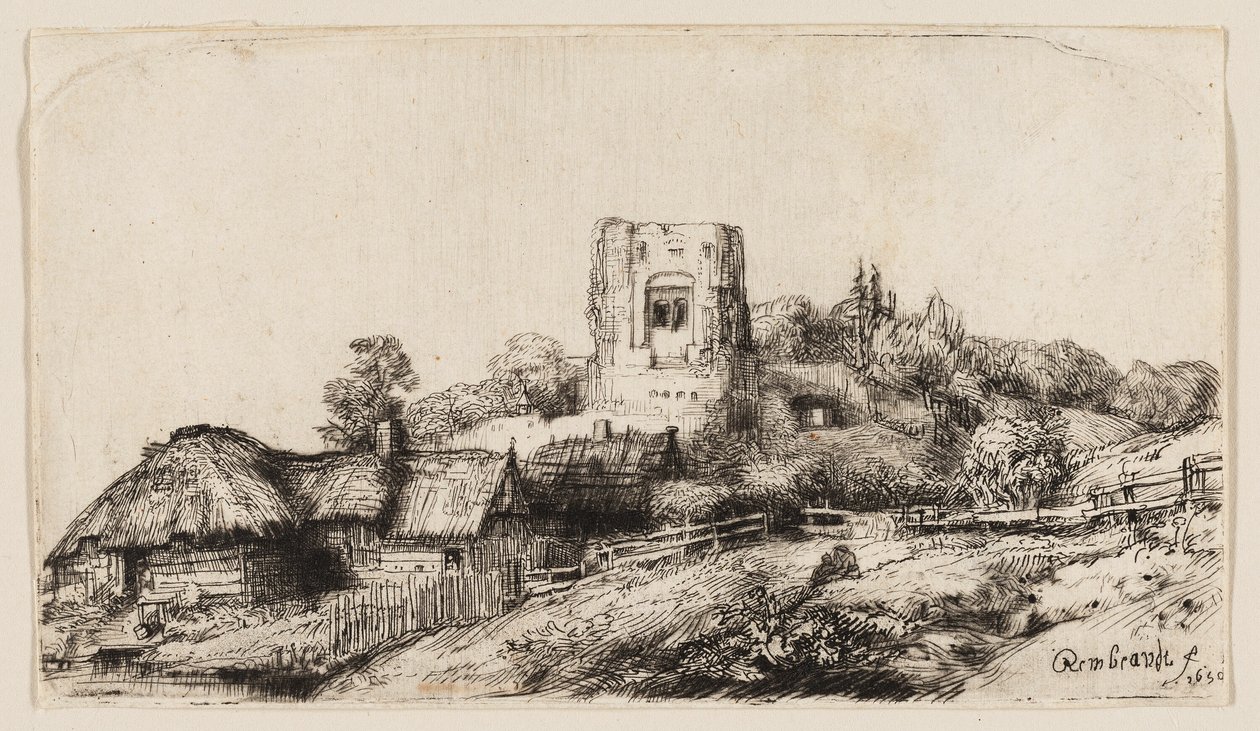 Landskap med et firkantet tårn av Rembrandt van Rijn
