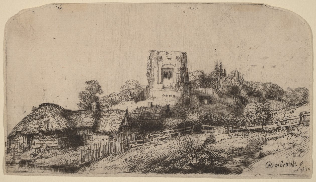 Landskap med et firkantet tårn av Rembrandt van Rijn