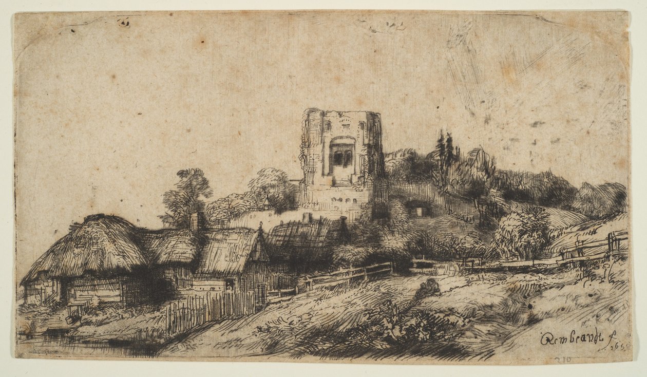 Landskap med et firkantet tårn, 1650. av Rembrandt van Rijn