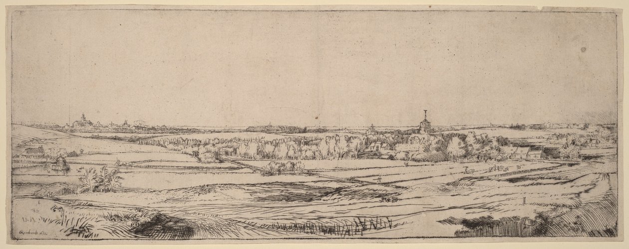 Landskap med utsikt mot Haarlem (Gullveierens eng) av Rembrandt van Rijn