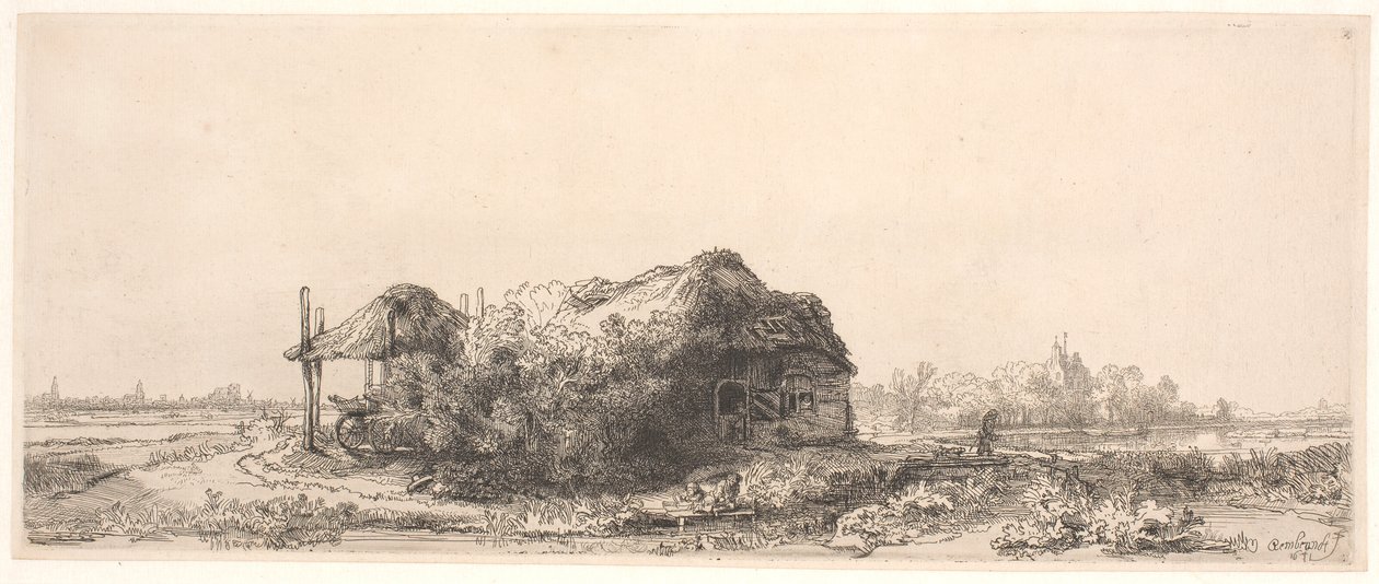 Landskap med hytte og høylåve: avlang av Rembrandt van Rijn