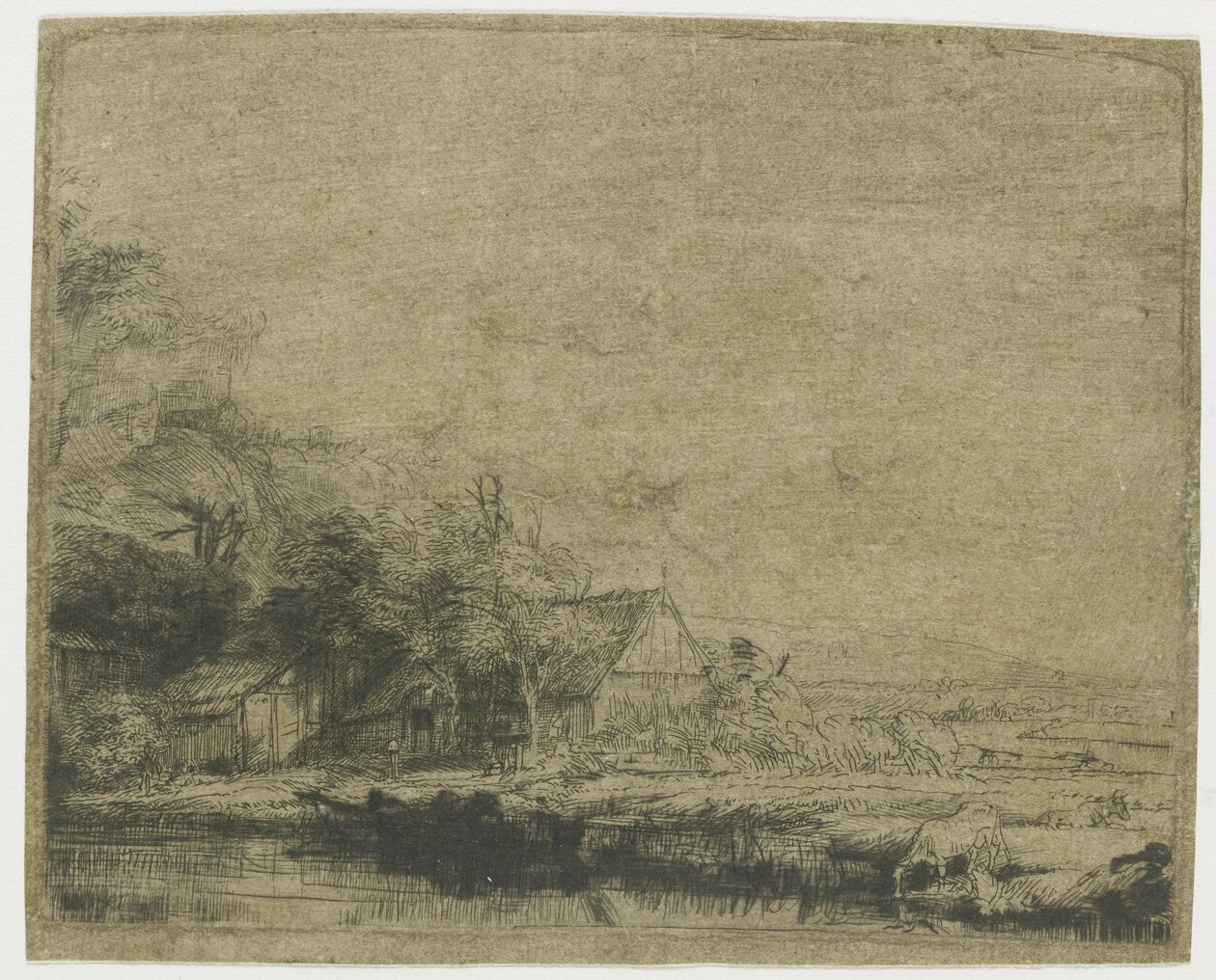 Landskap med en ku som drikker av Rembrandt van Rijn