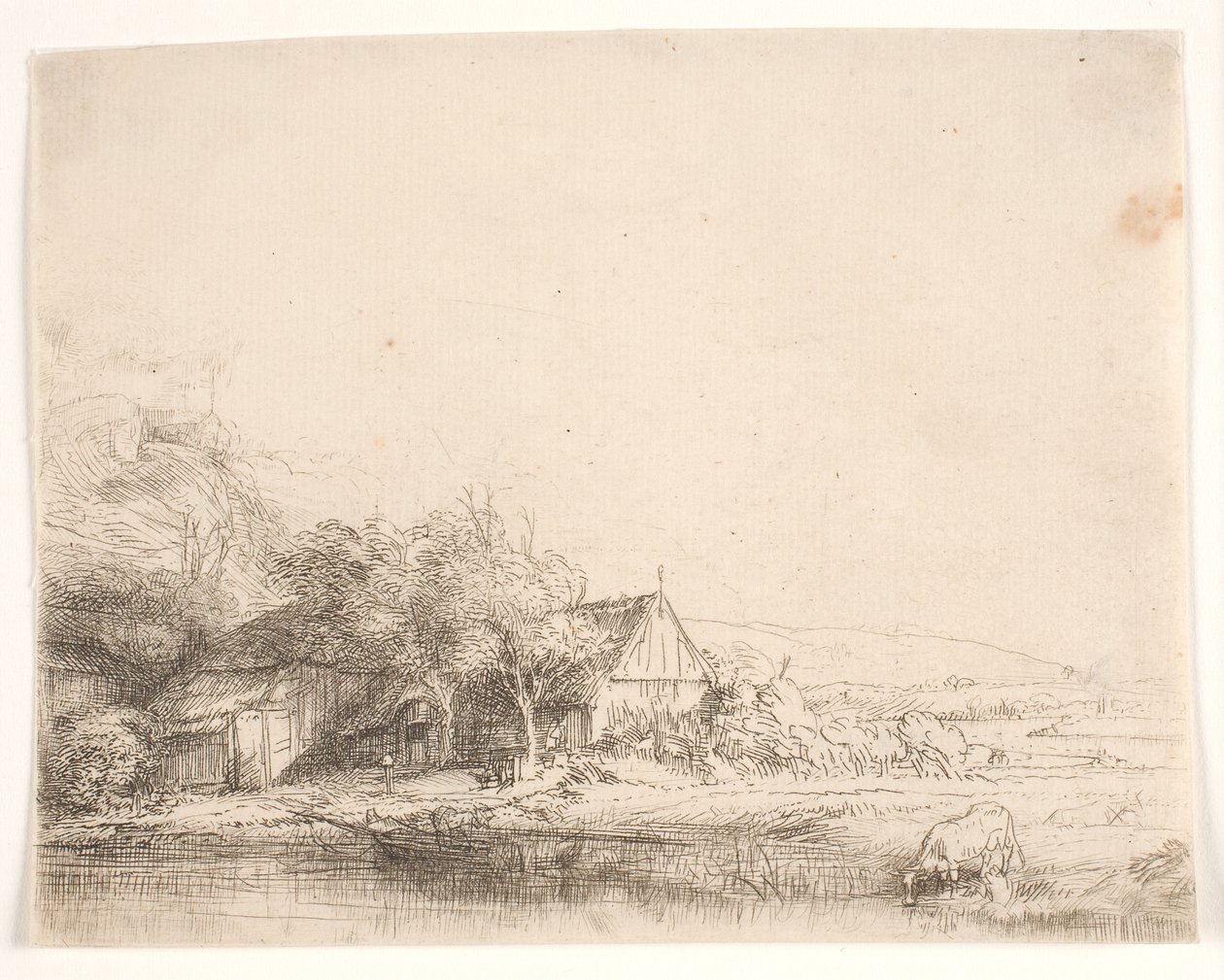 Landskap med en ku som drikker av Rembrandt van Rijn