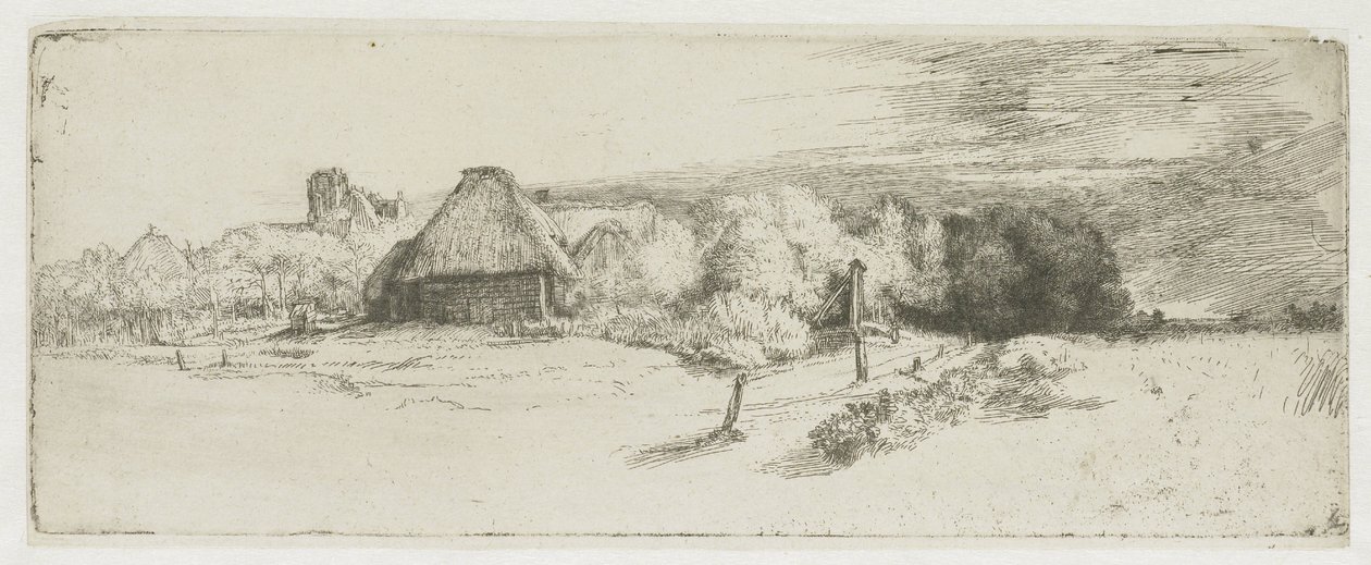 Landskap med en gårdsbygning og «huset med tårnet» av Rembrandt van Rijn