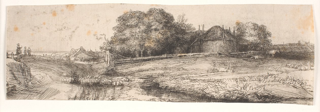 Landskap med en høylåve og en sauflokk av Rembrandt van Rijn
