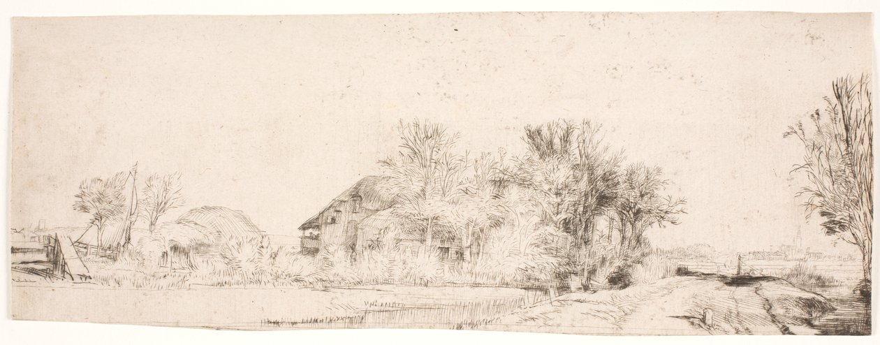 Landskap med en vei langs en kanal av Rembrandt van Rijn