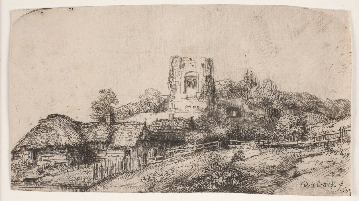 Landskap med et firkantet tårn av Rembrandt van Rijn