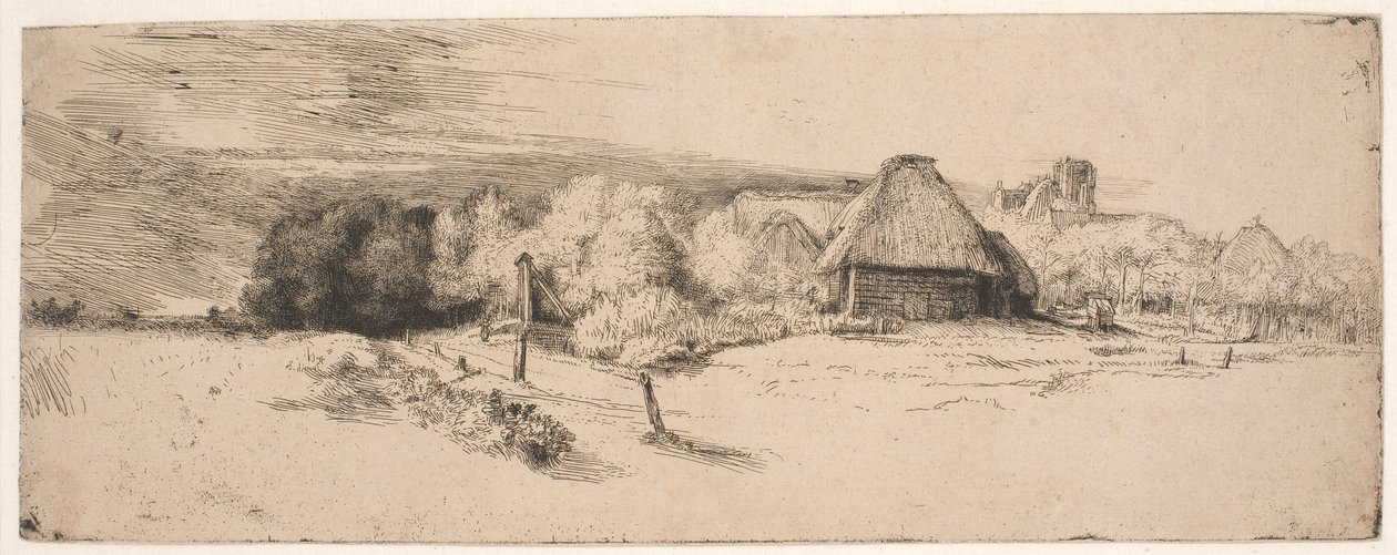 Landskap med trær, gårdsbygninger og et tårn av Rembrandt van Rijn