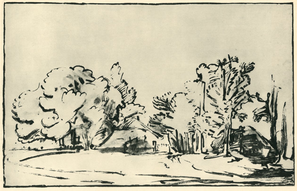Landskap med to hytter, c1650-1655, 1943. av Rembrandt van Rijn