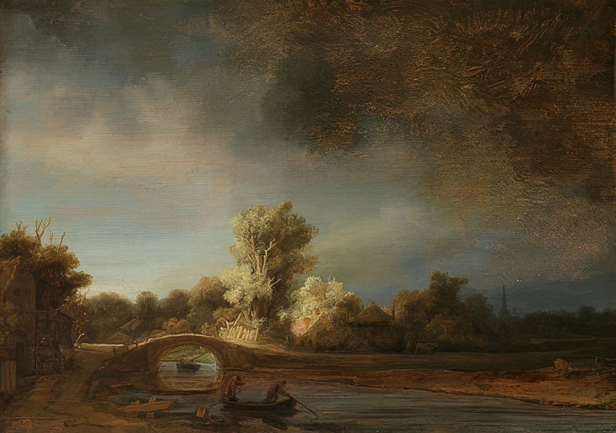 Landskap med steinbro. Rundt 1638 av Rembrandt van Rijn