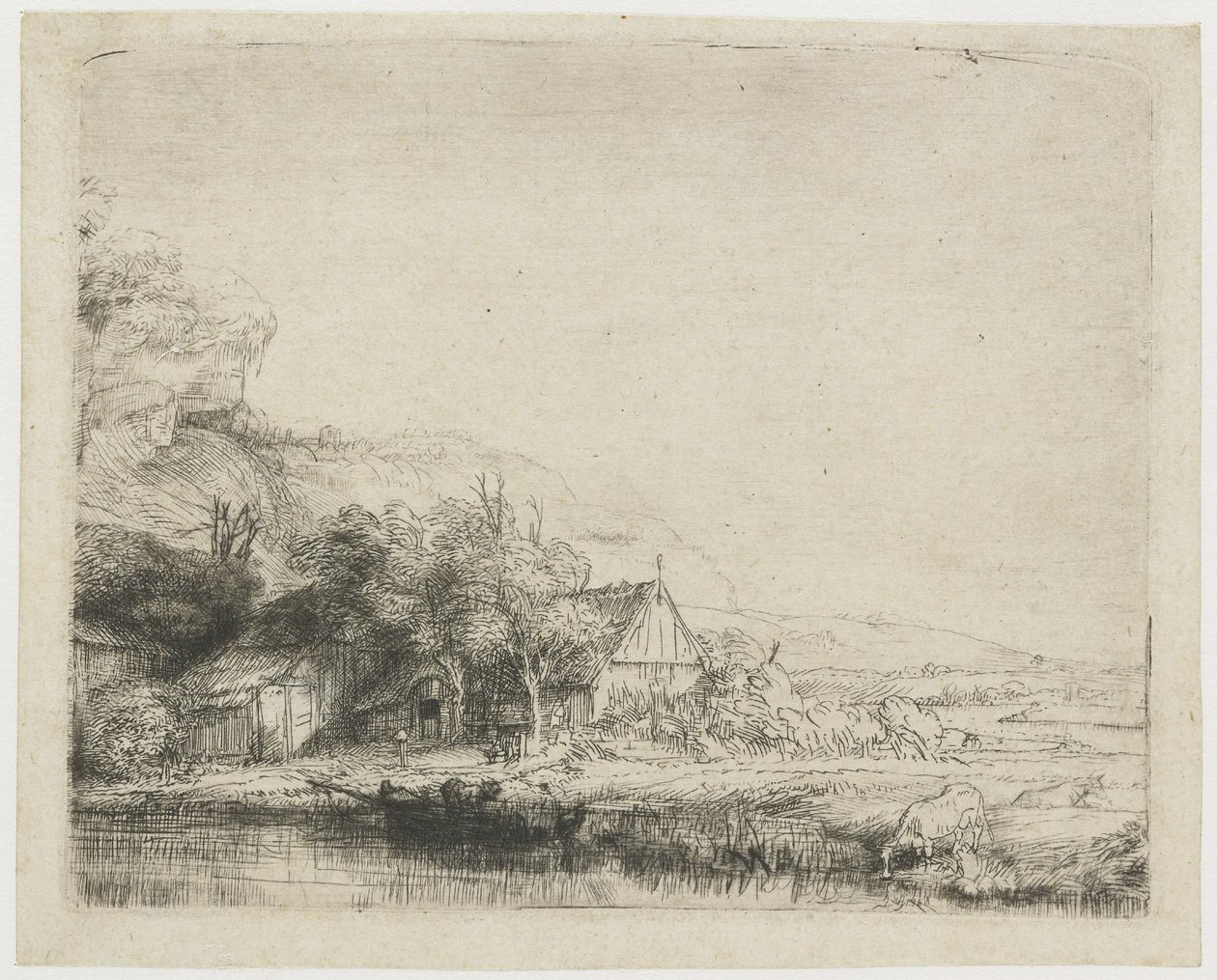 Landskap med en ku som drikker av Rembrandt van Rijn